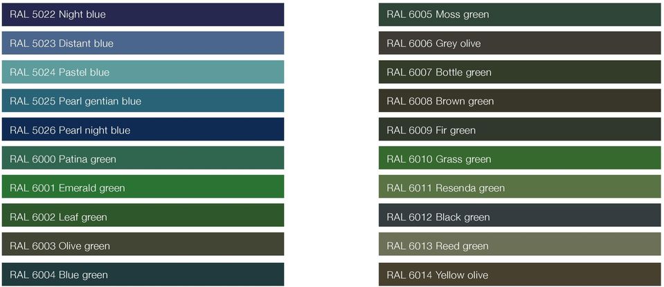 Blue green RAL 6005 Moss green RAL 6006 Grey olive RAL 6007 Bottle green RAL 6008 Brown green RAL 6009 Fir