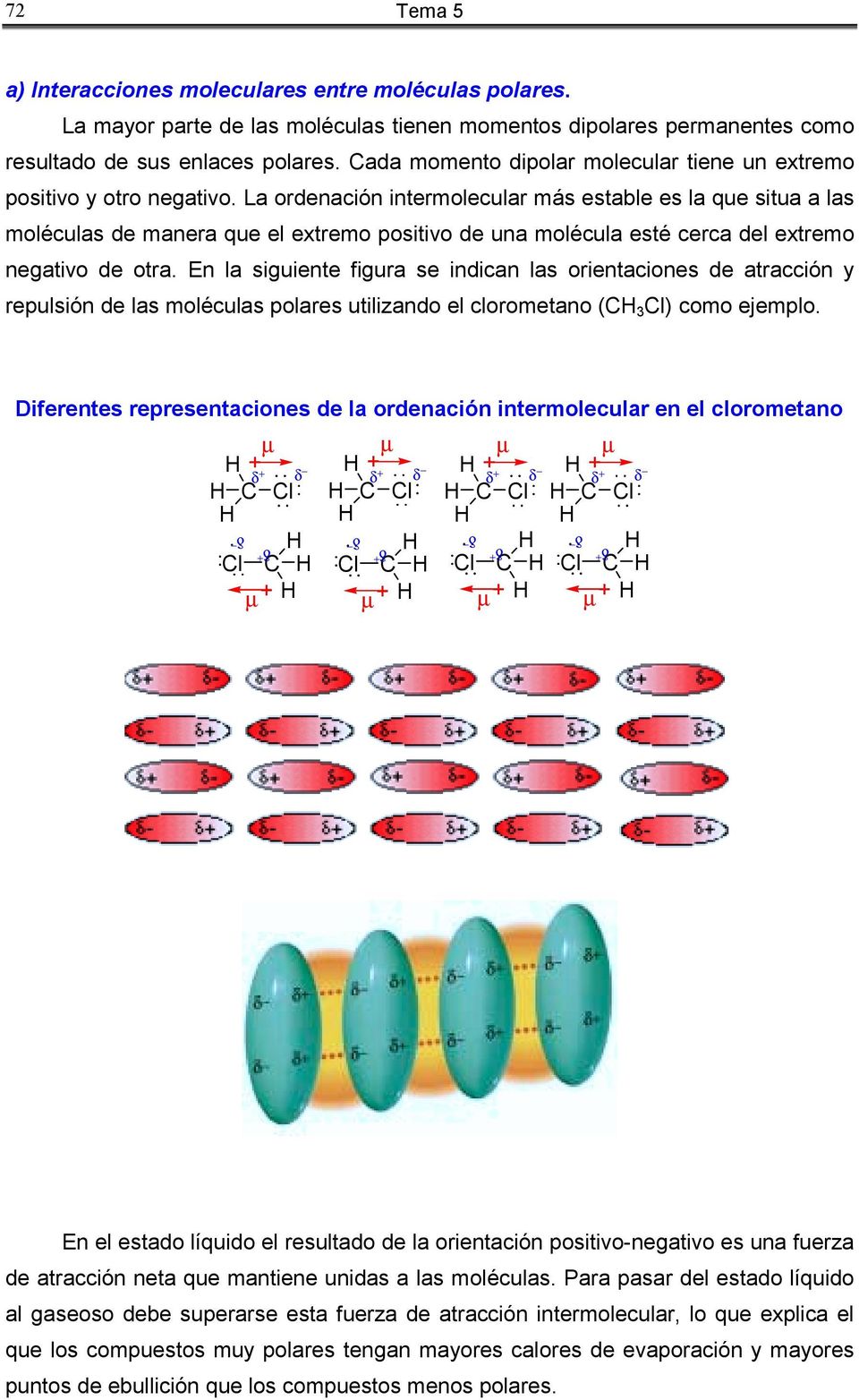 La ordenación intermolecular más estable es la que situa a las moléculas de manera que el extremo positivo de una molécula esté cerca del extremo negativo de otra.