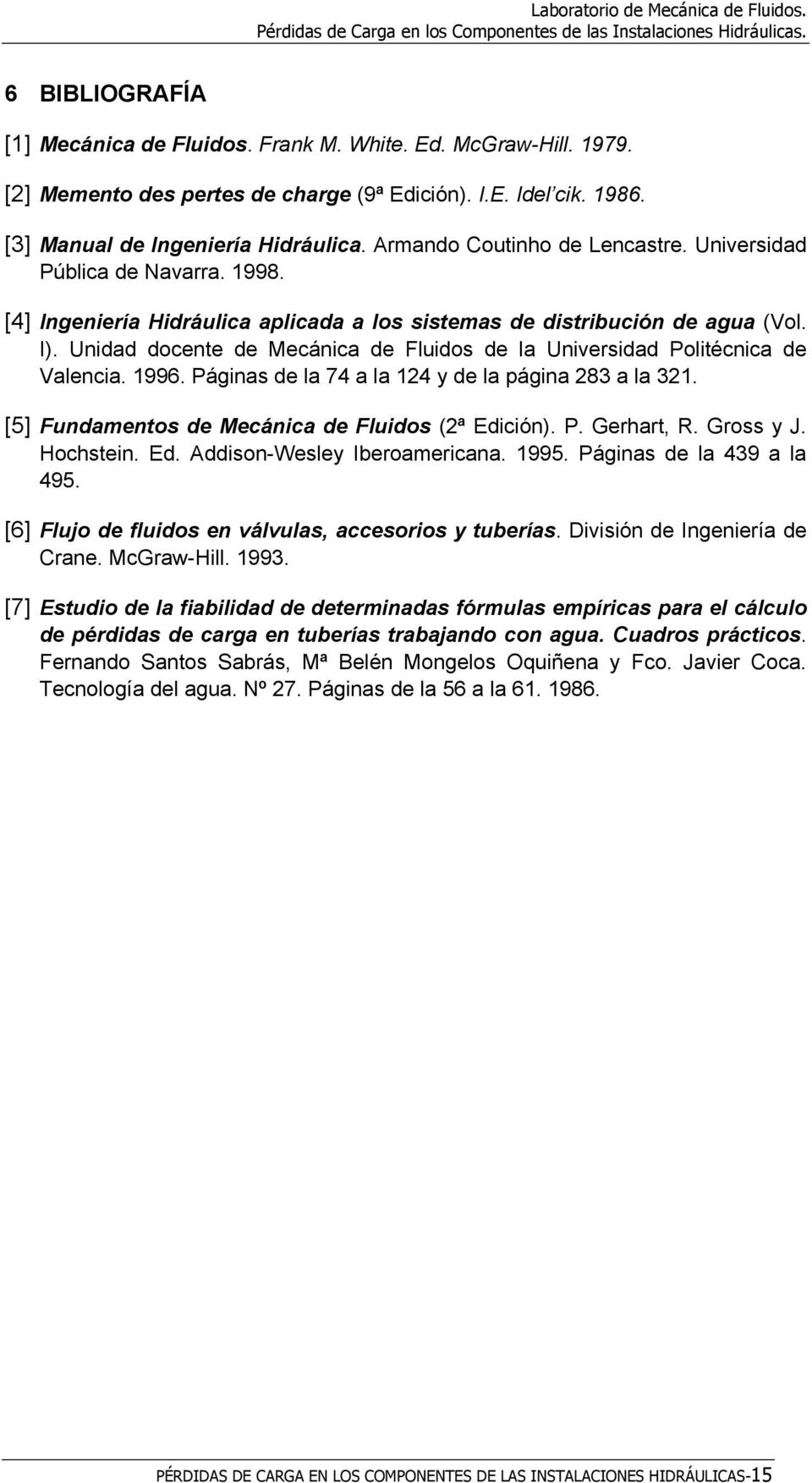 [4] Ingeniería Hidráulica aplicada a los sistemas de distribución de agua (Vol. I). Unidad docente de Mecánica de Fluidos de la Universidad Politécnica de Valencia. 1996.
