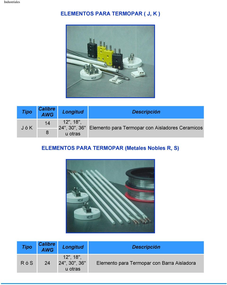 Ceramicos ELEMENTOS PARA TERMOPAR (Metales Nobles R, S) Tipo Calibre AWG R S 24