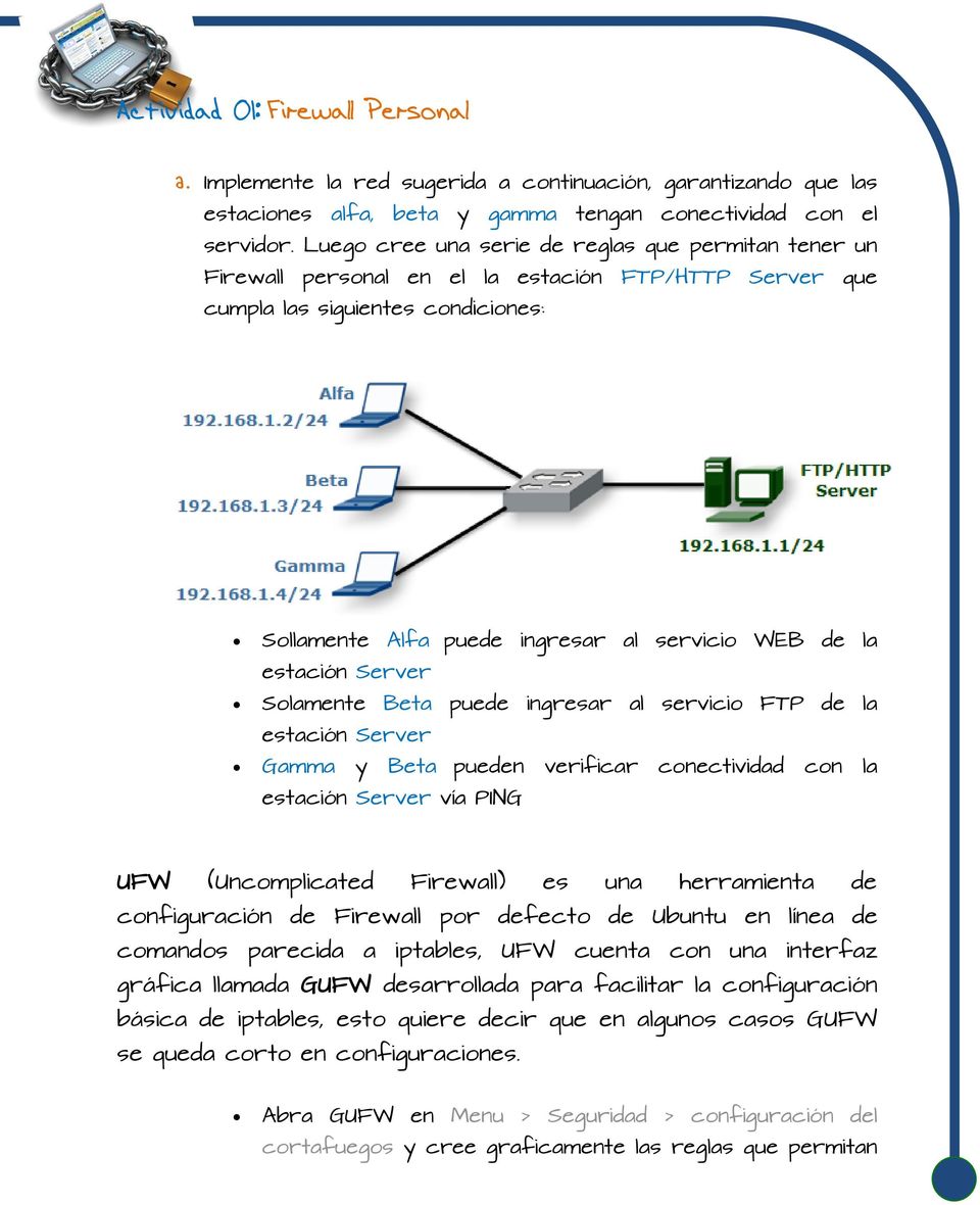 estación Server Solamente Beta puede ingresar al servicio FTP de la estación Server Gamma y Beta pueden verificar conectividad con la estación Server vía PING UFW (Uncomplicated Firewall) es una
