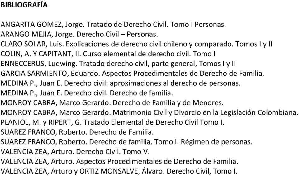 Aspectos Procedimentales de Derecho de Familia. MEDINA P., Juan E. Derecho civil: aproximaciones al derecho de personas. MEDINA P., Juan E. Derecho civil. Derecho de familia.