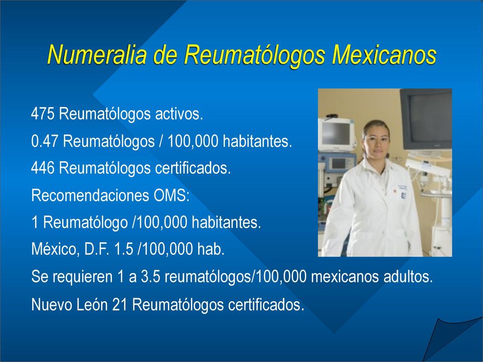 Recomendaciones OMS: 1 Reumatólogo /100,000 habitantes. México, D.F. 1.5 /100,000 hab.