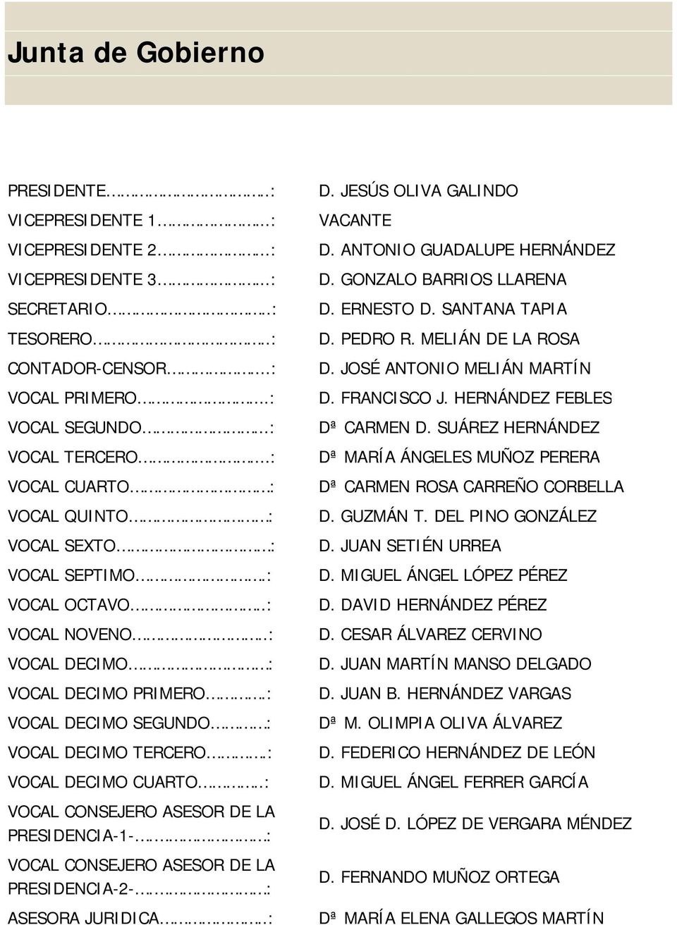 .: VOCAL CONSEJERO ASESOR DE LA PRESIDENCIA-1-. : VOCAL CONSEJERO ASESOR DE LA PRESIDENCIA-2-. : ASESORA JURIDICA..: D. JESÚS OLIVA GALINDO VACANTE D. ANTONIO GUADALUPE HERNÁNDEZ D.