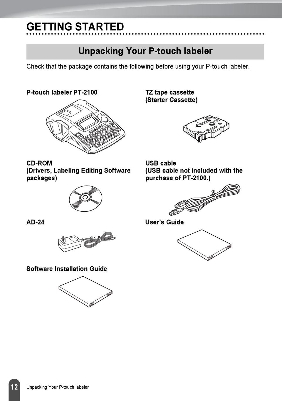 P-touch labeler PT-00 TZ tape cassette (Starter Cassette) CD-ROM (Drivers, Labeling Editing