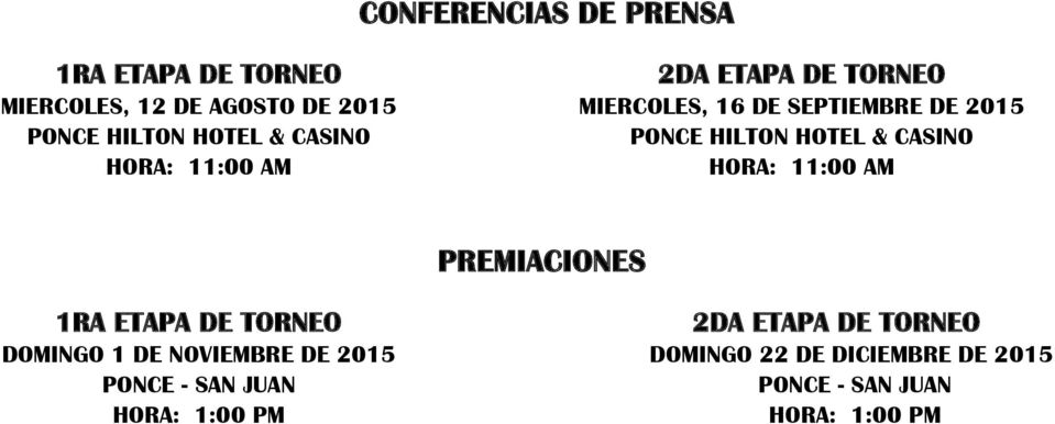 CASINO HORA: 11:00 AM PREMIACIONES DOMINGO 1 DE NOVIEMBRE DE 2015 PONCE - SAN