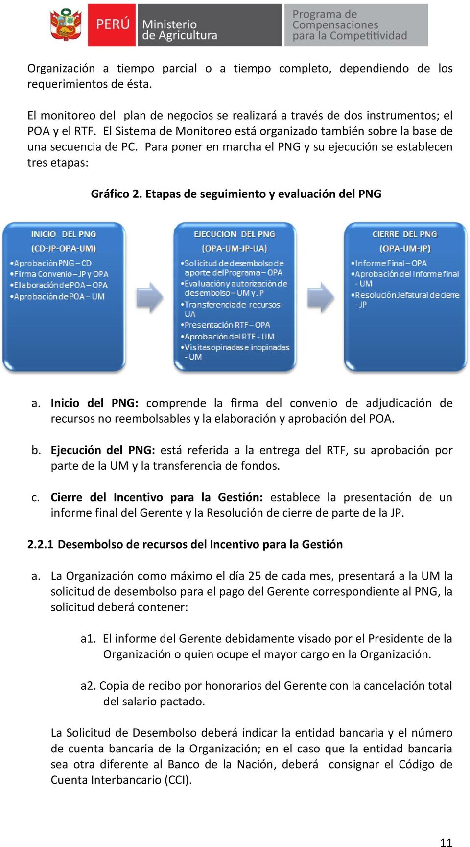 Etapas de seguimiento y evaluación del PNG a. Inicio del PNG: comprende la firma del convenio de adjudicación de recursos no reembolsables y la elaboración y aprobación del POA. b.