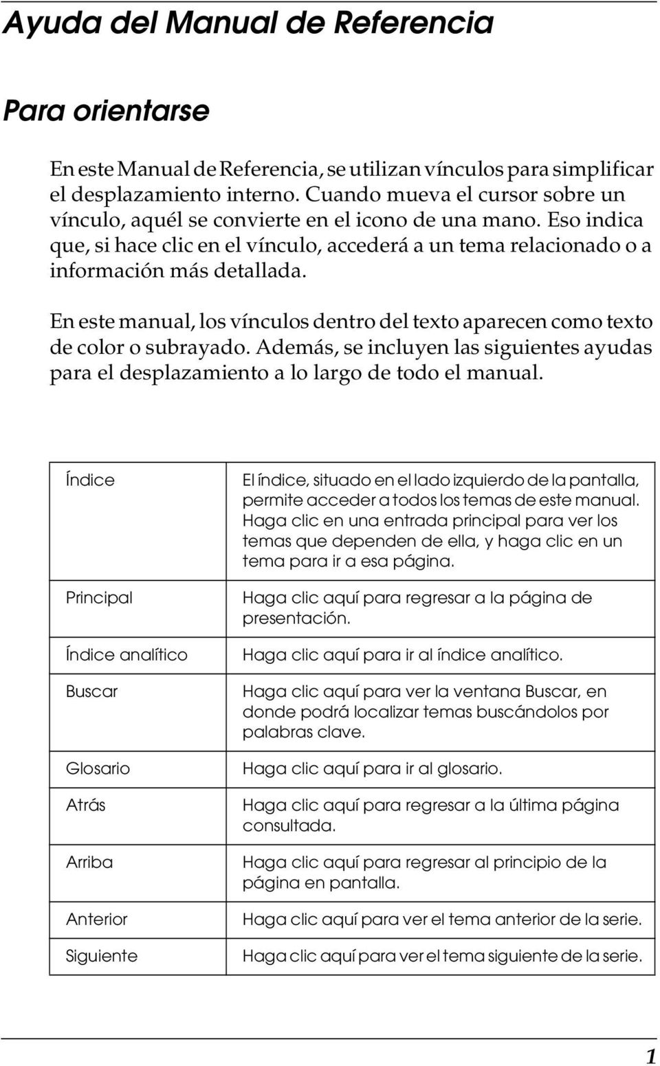 En este manual, los vínculos dentro del texto aparecen como texto de color o subrayado. Además, se incluyen las siguientes ayudas para el desplazamiento a lo largo de todo el manual.