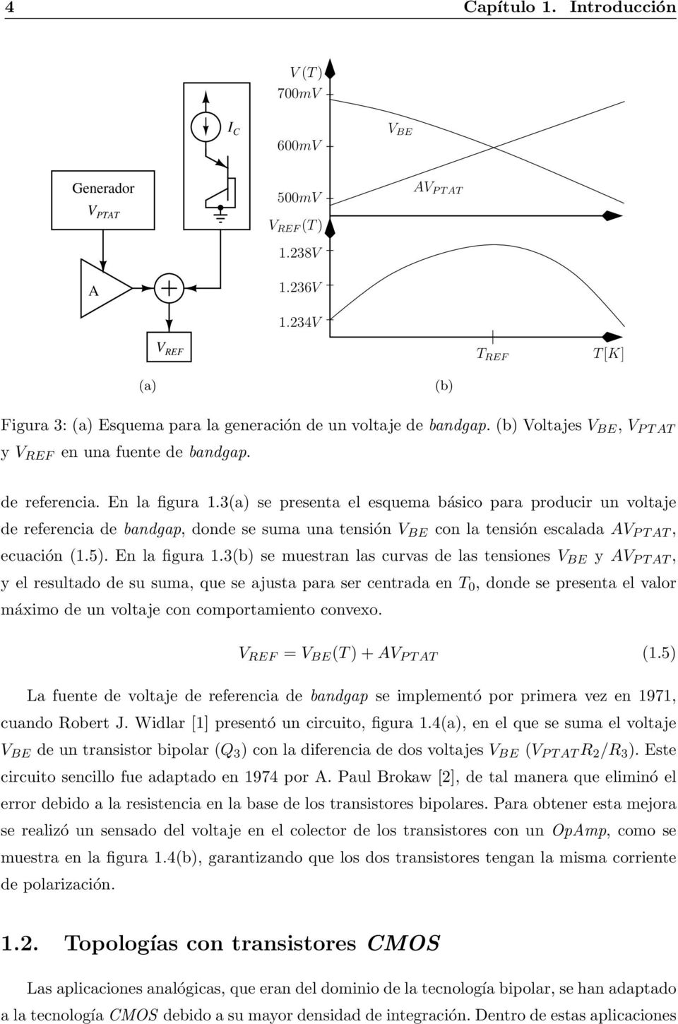 3(a) se presenta el esquema básico para producir un voltaje de referencia de bandgap, donde se suma una tensión V BE con la tensión escalada AV P T AT, ecuación (1.5). En la figura 1.