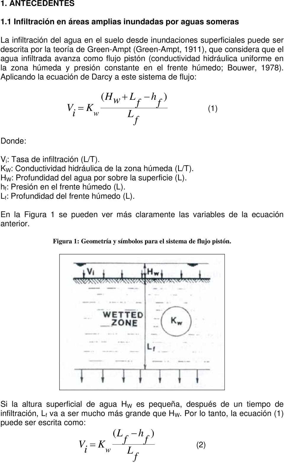 que considera que el agua infiltrada avanza como flujo pistón (conductividad hidráulica uniforme en la zona húmeda y presión constante en el frente húmedo; Bouwer, 1978).
