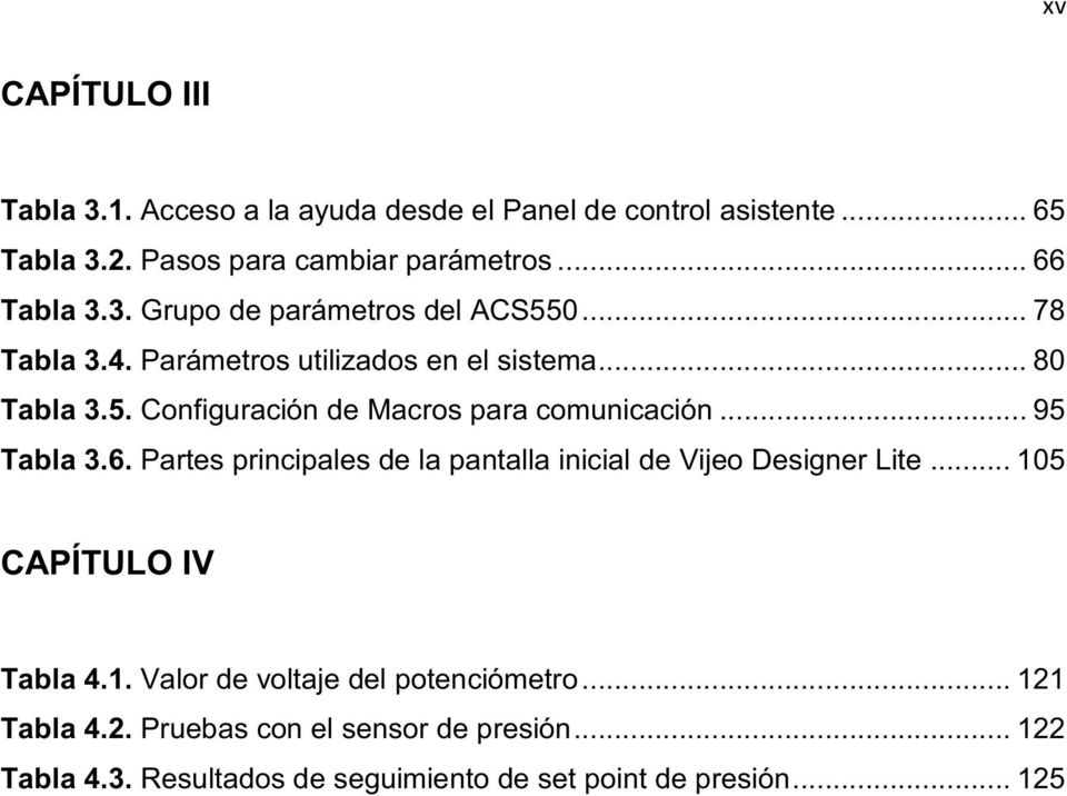 .. 95 Tabla 3.6. Partes principales de la pantalla inicial de Vijeo Designer Lite... 105 CAPÍTULO IV Tabla 4.1. Valor de voltaje del potenciómetro.