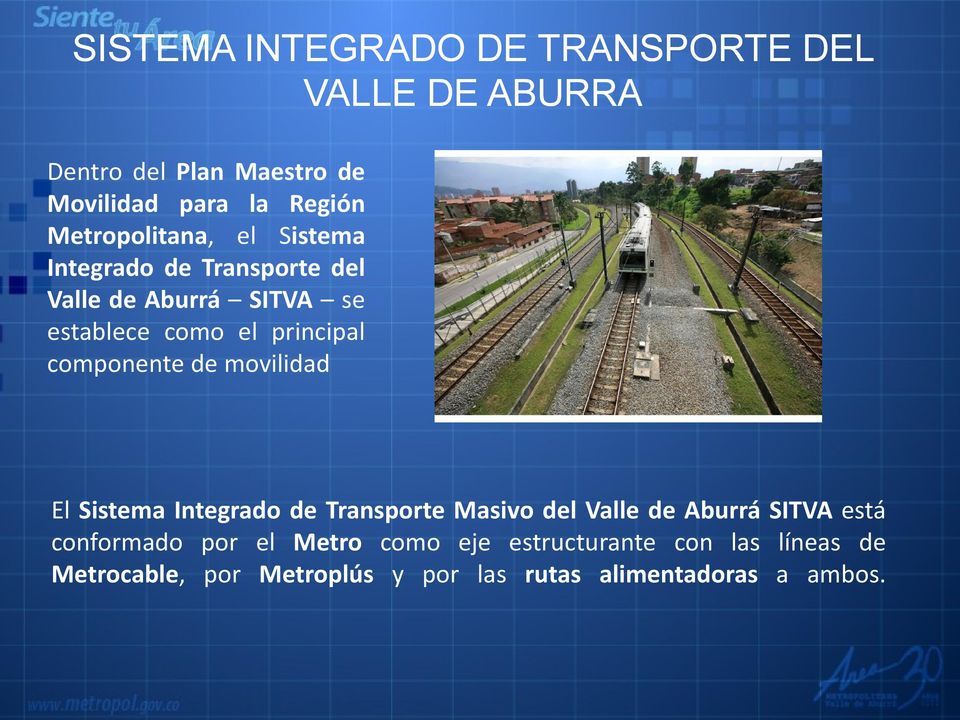 componente de movilidad El Sistema Integrado de Transporte Masivo del Valle de Aburrá SITVA está conformado