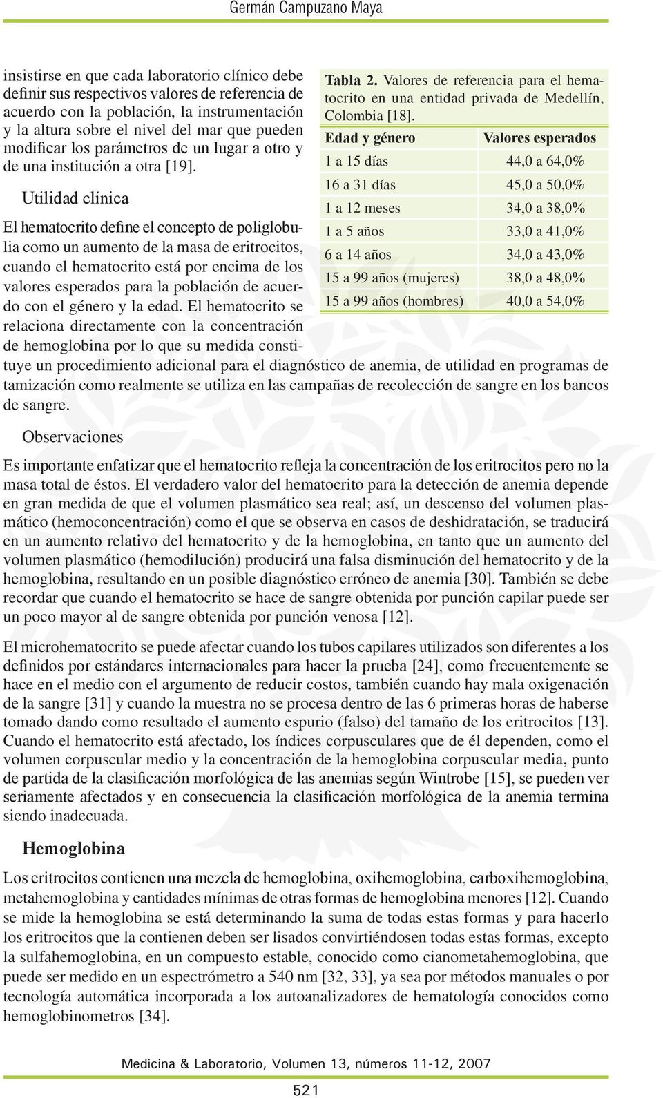 Valores de referencia para el hematocrito en una entidad privada de edellín, olombia [18].