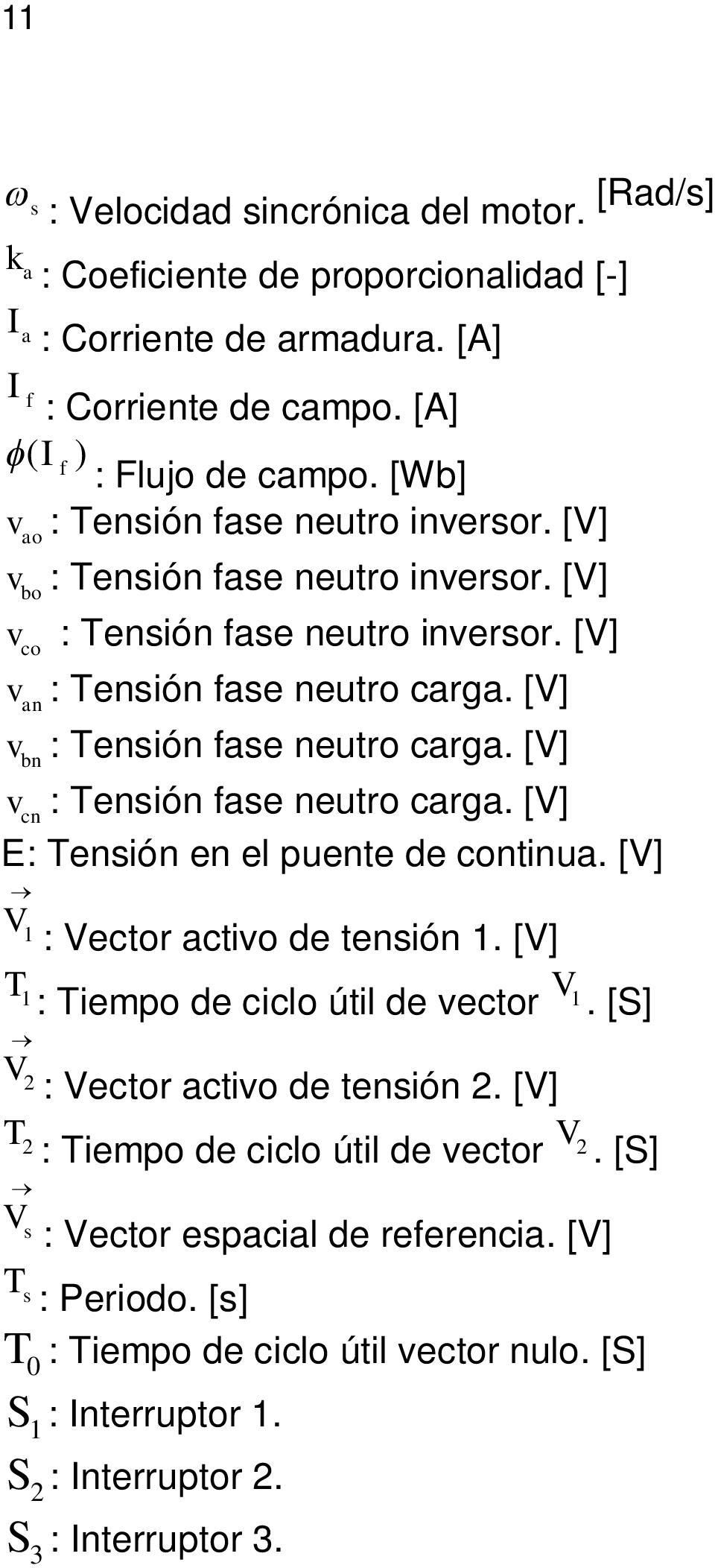 [V] bn v cn : Tensión fase neutro carga. [V] E: Tensión en el puente de continua. [V] V 1 : Vector activo de tensión 1. [V] T 1 : Tiempo de ciclo útil de vector V 1.
