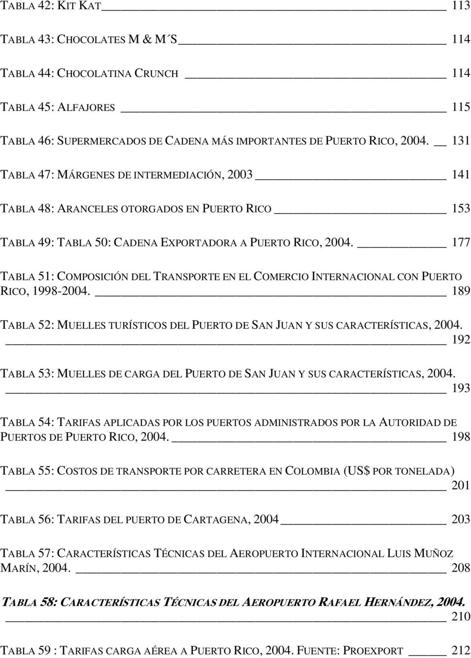 177 TABLA 51: COMPOSICIÓN DEL TRANSPORTE EN EL COMERCIO INTERNACIONAL CON PUERTO RICO, 1998-2004. 189 TABLA 52: MUELLES TURÍSTICOS DEL PUERTO DE SAN JUAN Y SUS CARACTERÍSTICAS, 2004.