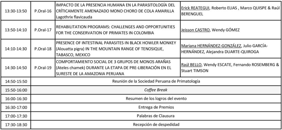 13:50-14:10 P.Oral-17 REHABILITATION PROGRAMS: CHALLENGES AND OPPORTUNITIES FOR THE CONSERVATION OF PRIMATES IN COLOMBIA Jeisson CASTRO, Wendy GÓMEZ 14:10-14:30 P.Oral-18 14:30-14:50 P.