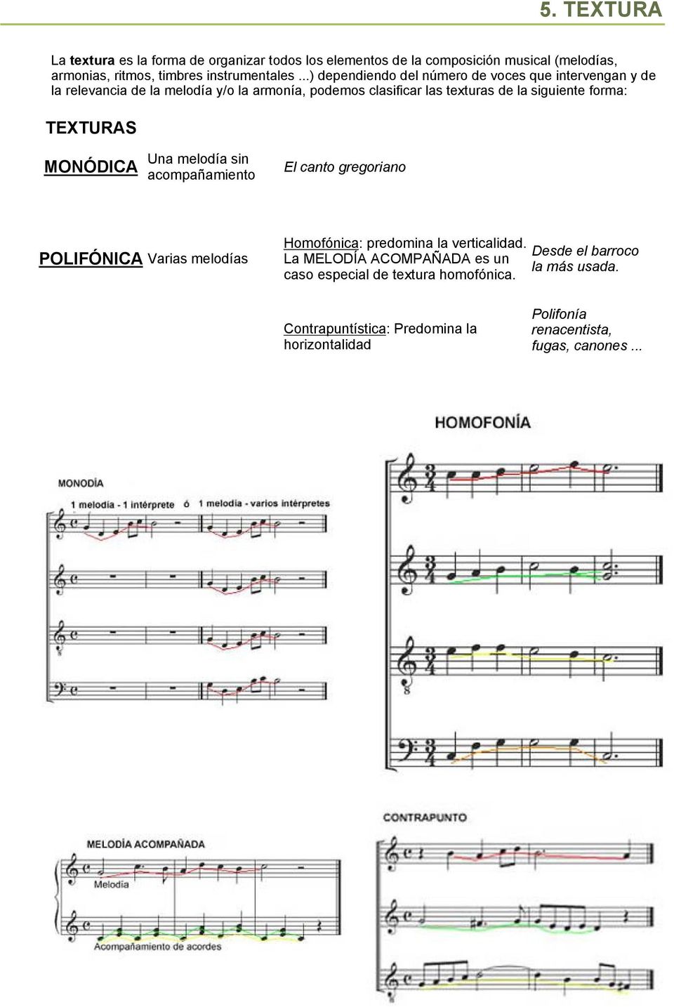 forma: TEXTURAS MONÓDICA Una melodía sin acompañamiento El canto gregoriano POLIFÓNICA Varias melodías Homofónica: predomina la verticalidad.