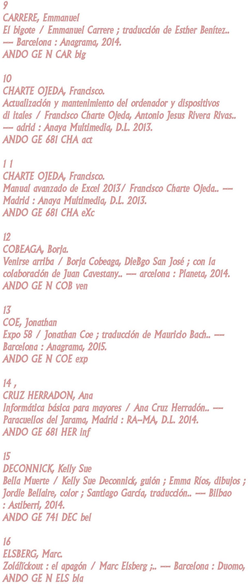 ANDO GE 681 CHA act 1 1 CHARTE OJEDA, Francisco. Manual avanzado de Excel 2013/ Francisco Charte Ojeda.. -- Madrid : Anaya Multimedia, D.L. 2013. ANDO GE 681 CHA exc 12 COBEAGA, Borja.