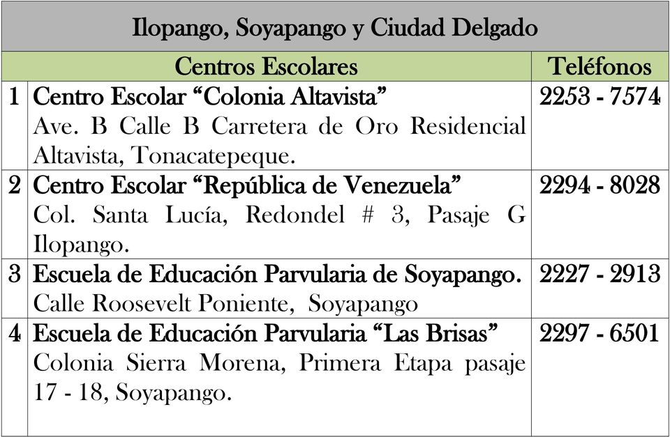 Santa Lucía, Redondel # 3, Pasaje G Ilopango. 3 Escuela de Educación Parvularia de Soyapango.