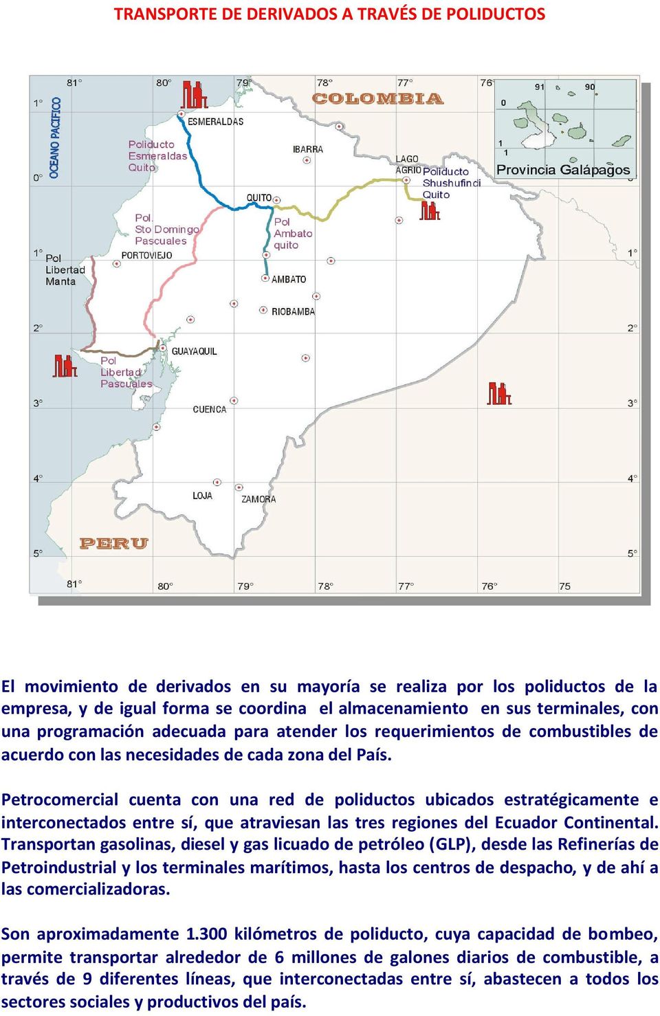 Petrocomercial cuenta con una red de poliductos ubicados estratégicamente e interconectados entre sí, que atraviesan las tres regiones del Ecuador Continental.
