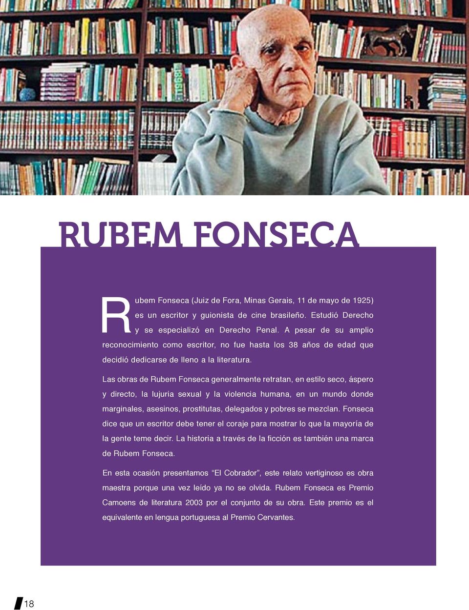 Las obras de Rubem Fonseca generalmente retratan, en estilo seco, áspero y directo, la lujuria sexual y la violencia humana, en un mundo donde marginales, asesinos, prostitutas, delegados y pobres se
