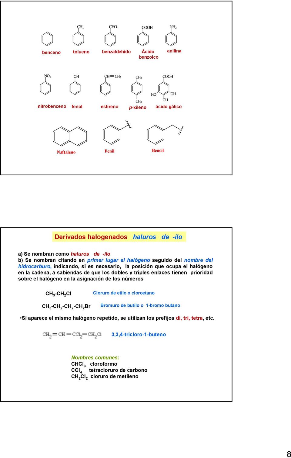 en la cadena, a sabiendas de que los dobles y triples enlaces tienen prioridad sobre el halógeno en la asignación de los números - Cl - - - Br Cloruro de etilo o cloroetano Bromuro de butilo o