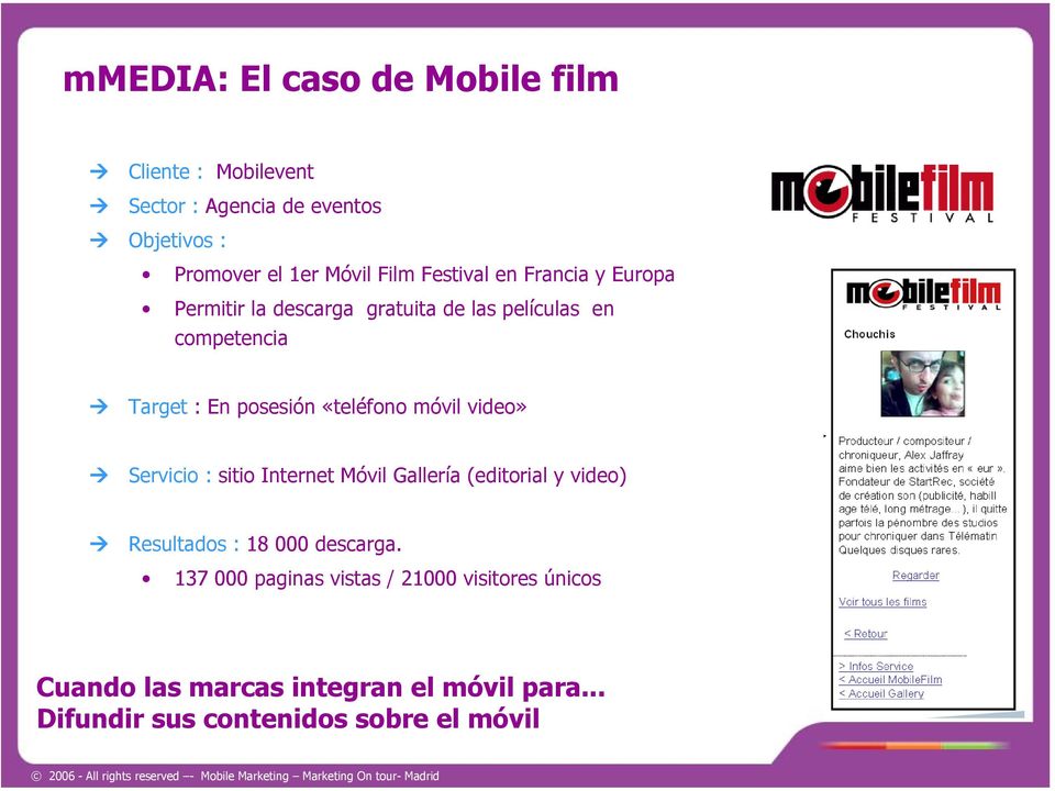 «teléfono móvil video» Servicio : sitio Internet Móvil Gallería (editorial y video) Resultados : 18 000 descarga.