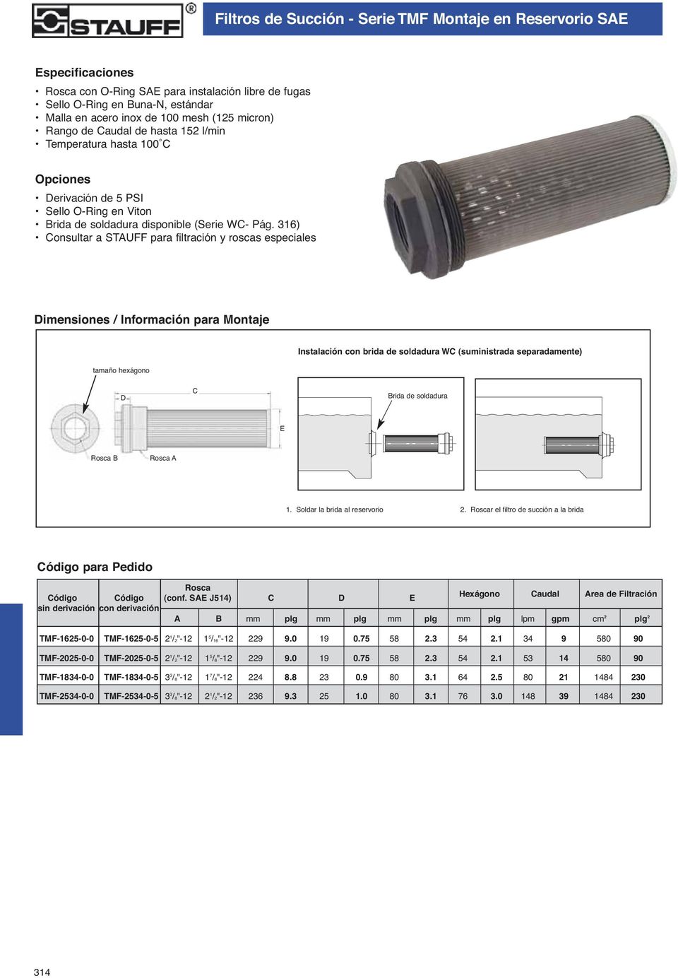 316) Consultar a STAUFF para filtración y roscas especiales Dimensiones / Información para Montaje tamaño hexágono Instalación con brida de soldadura WC (suministrada separadamente) D C Brida de