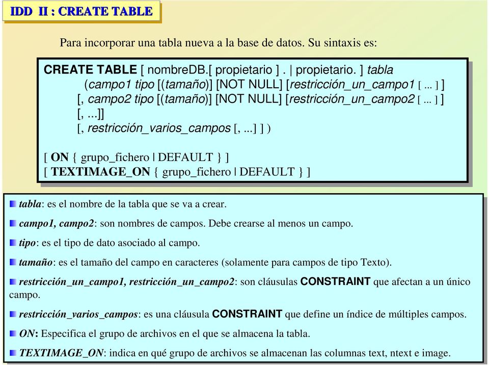 .....] ]] [, [,...]] [, [, restricción_varios_campos [, [,...]...]]]) ) [[ ON ON { grupo_fichero DEFAULT } ]] [[ TEXTIMAGE_ON { grupo_fichero DEFAULT } ]] tabla: tabla: es es el el nombre nombre de de la la tabla tabla que que se se va va a a crear.
