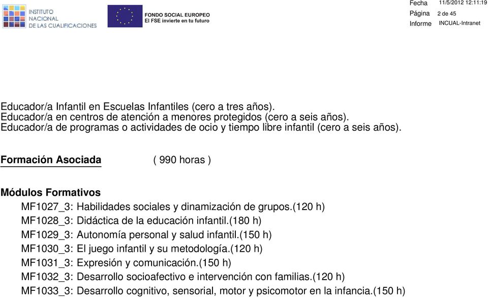 Formación Asociada ( 990 horas ) Módulos Formativos MF1027_3: Habilidades sociales y dinamización de grupos.(120 h) MF1028_3: Didáctica de la educación infantil.