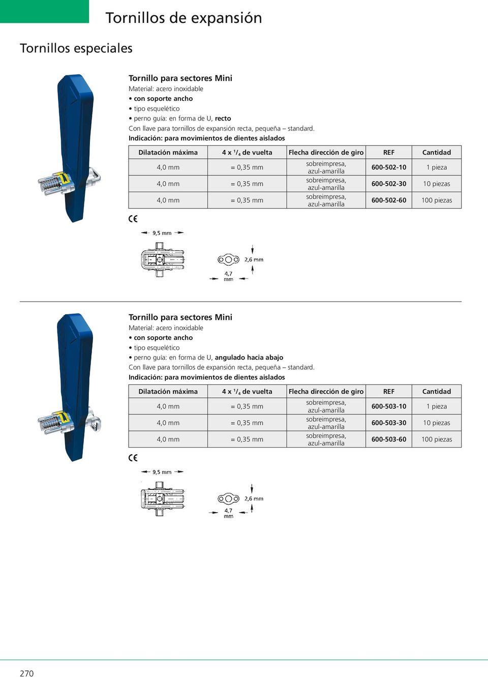 600-502-60 100 piezas Tornillo para sectores Mini con soporte ancho perno guía: en forma de U, angulado hacia abajo Indicación: para