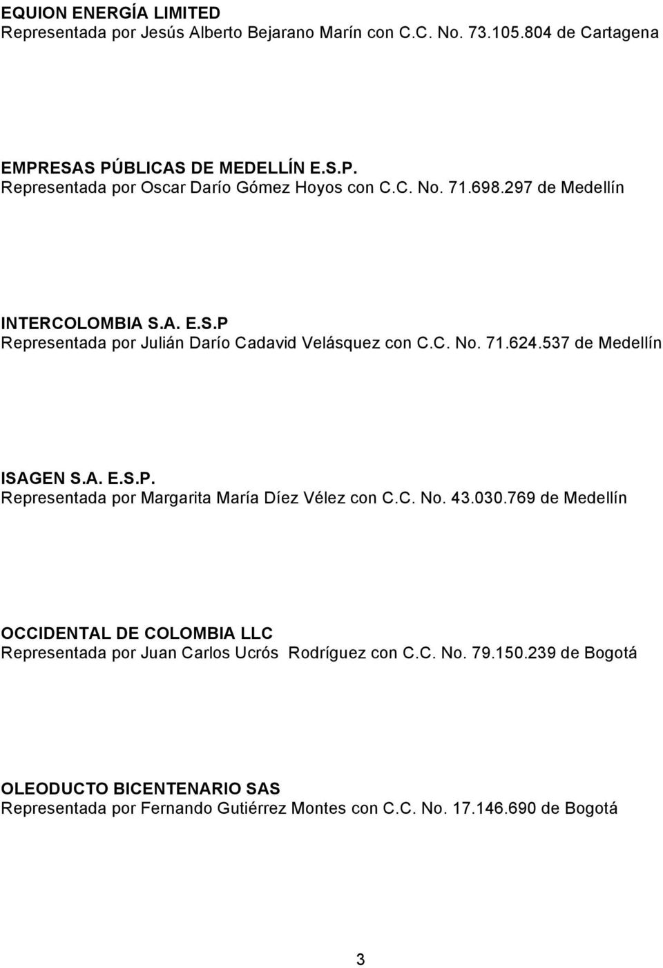 C. No. 43.030.769 de Medellín OCCIDENTAL DE COLOMBIA LLC Representada por Juan Carlos Ucrós Rodríguez con C.C. No. 79.150.