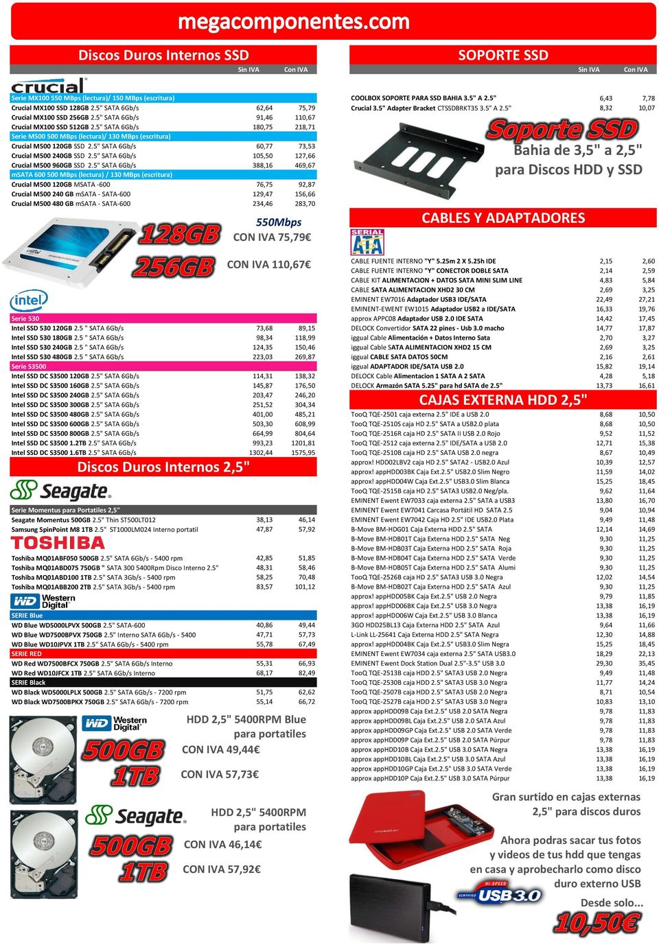 5" SATA 6Gb/s 91,46 110,67 Crucial MX100 SSD 512GB 2.5" SATA 6Gb/s 180,75 218,71 Serie M500 500 MBps (lectura)/ 130 MBps (escritura) Crucial M500 120GB SSD 2.