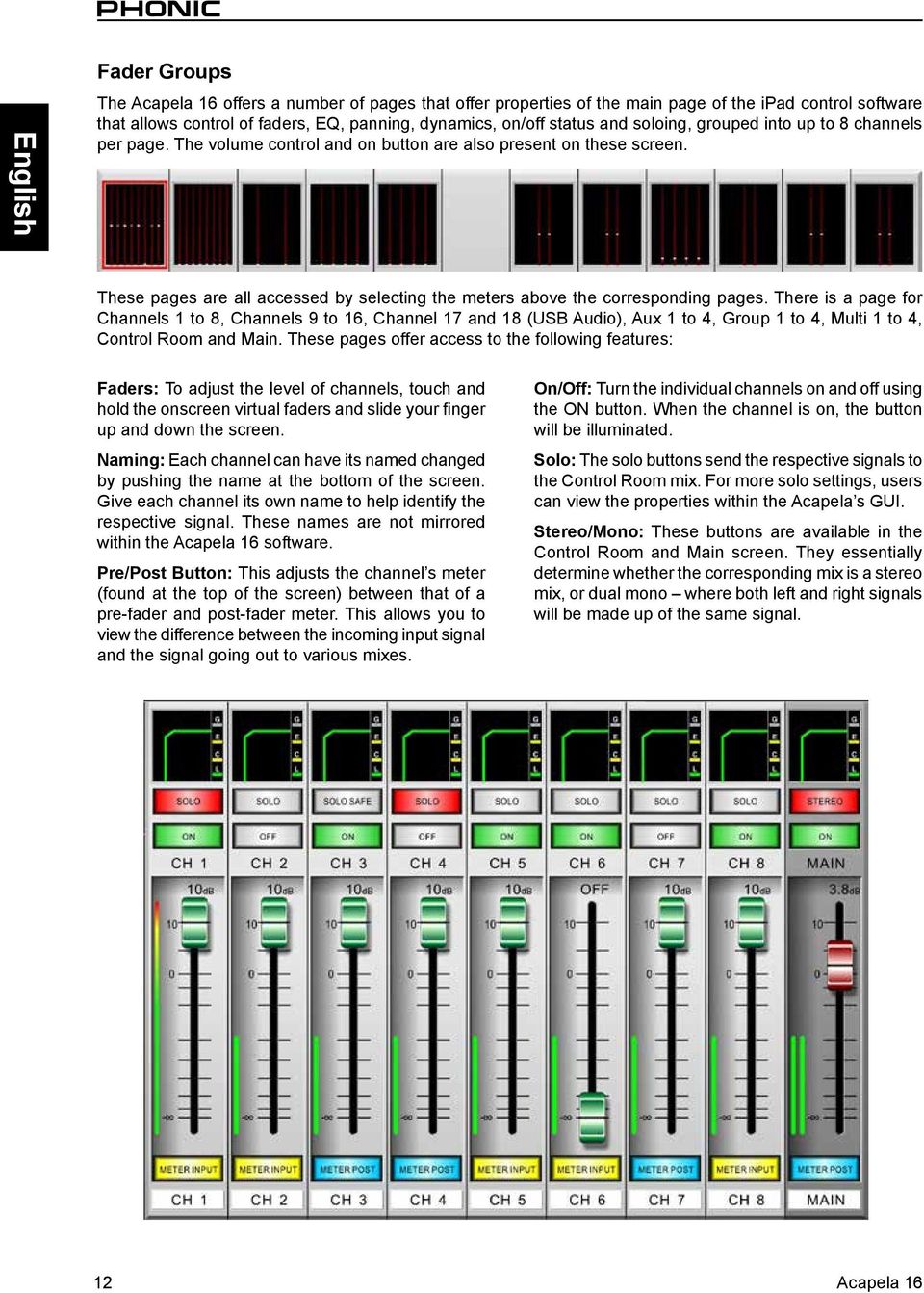 There is a page for Channels 1 to 8, Channels 9 to 16, Channel 17 and 18 (USB Audio), Aux 1 to 4, Group 1 to 4, Multi 1 to 4, Control Room and Main.