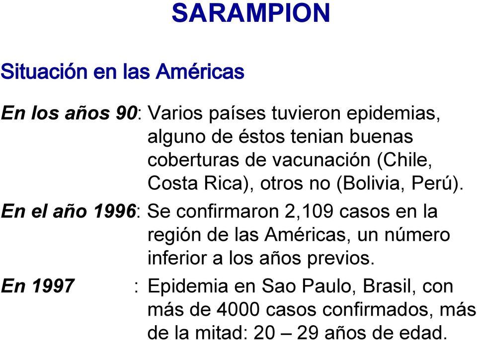 En el año 1996: Se confirmaron 2,109 casos en la región de las Américas, un número inferior a los años