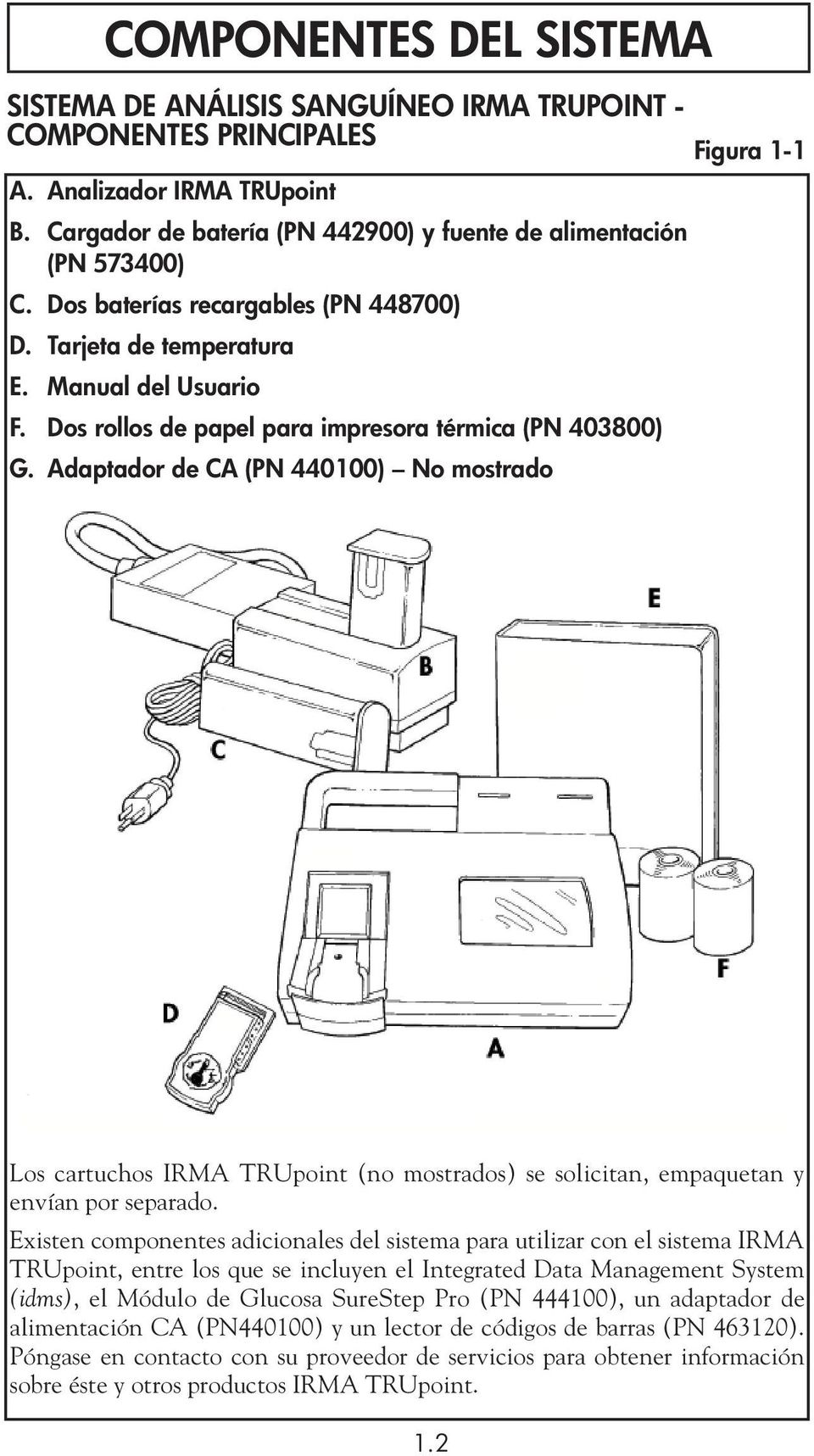 adaptador de CA (PN 440100) No mostrado Figura 1-1 Los cartuchos IRMA TRUpoint (no mostrados) se solicitan, empaquetan y envían por separado.