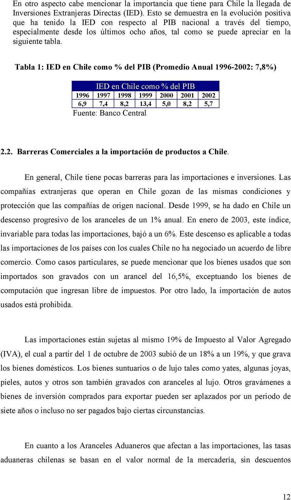 tabla. Tabla 1: IED en Chile como % del PIB (Promedio Anual 1996-2002: 7,8%) IED en Chile como % del PIB 1996 1997 1998 1999 2000 2001 2002 6,9 7,4 8,2 13,4 5,0 8,2 5,7 Fuente: Banco Central 2.2. Barreras Comerciales a la importación de productos a Chile.