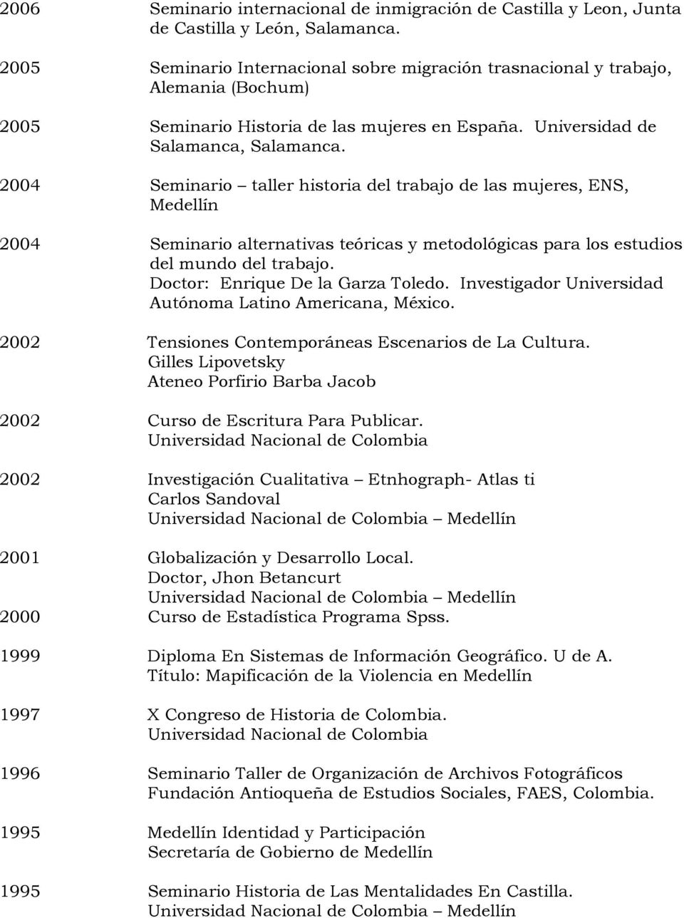 2004 Seminario taller historia del trabajo de las mujeres, ENS, Medellín 2004 Seminario alternativas teóricas y metodológicas para los estudios del mundo del trabajo.