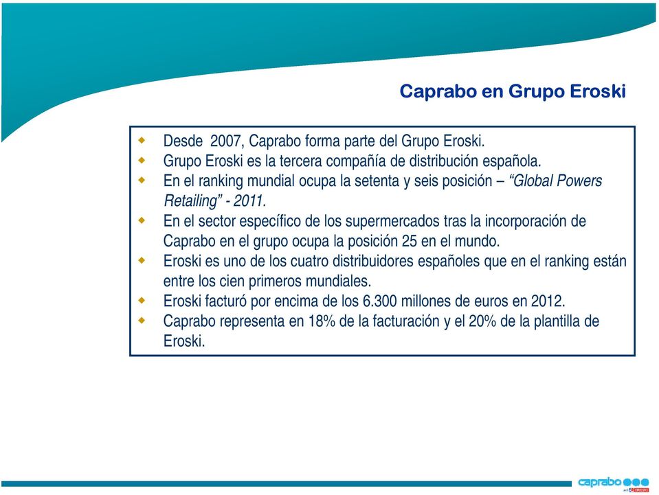 En el sector específico de los supermercados tras la incorporación de Caprabo en el grupo ocupa la posición 25 en el mundo.