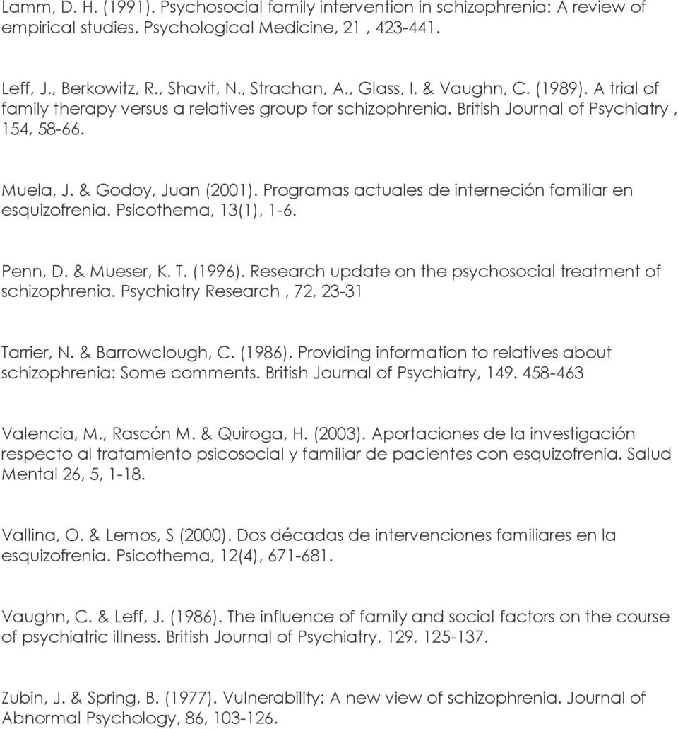 Programas actuales de interneción familiar en esquizofrenia. Psicothema, 13(1), 1-6. Penn, D. & Mueser, K. T. (1996). Research update on the psychosocial treatment of schizophrenia.