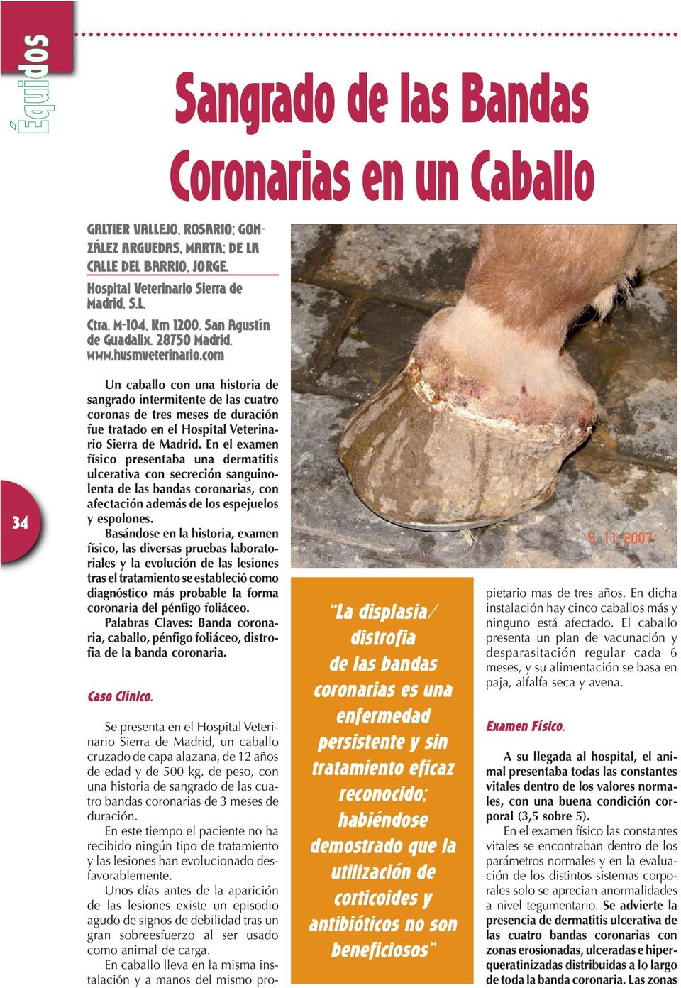 com 34 Un caballo con una historia de sangrado intermitente de las cuatro coronas de tres meses de duración fue tratado en el Hospital Veterinario Sierra de Madrid.