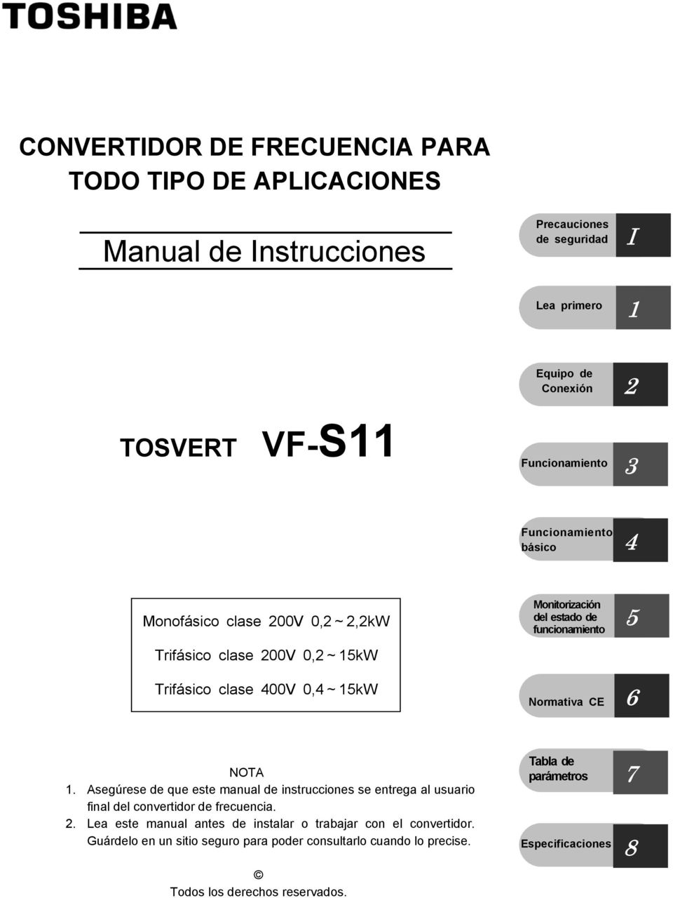 funcionamiento Normativa CE 5 6 NOTA 1. Asegúrese de que este manual de instrucciones se entrega al usuario final del convertidor de frecuencia. 2.