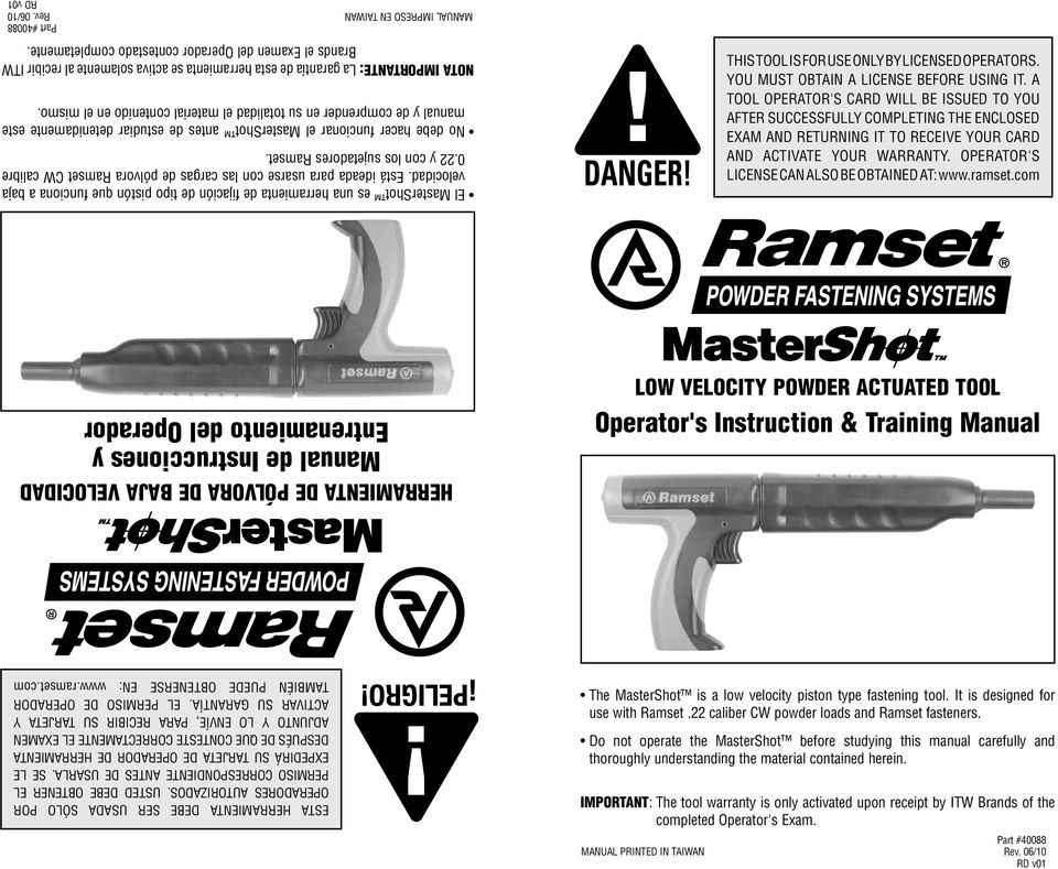 El MasterShot es una herramienta de fijación de tipo pistón que funciona a baja velocidad. Está ideada para usarse con las cargas de pólvora Ramset CW calibre 0.22 y con los sujetadores Ramset.