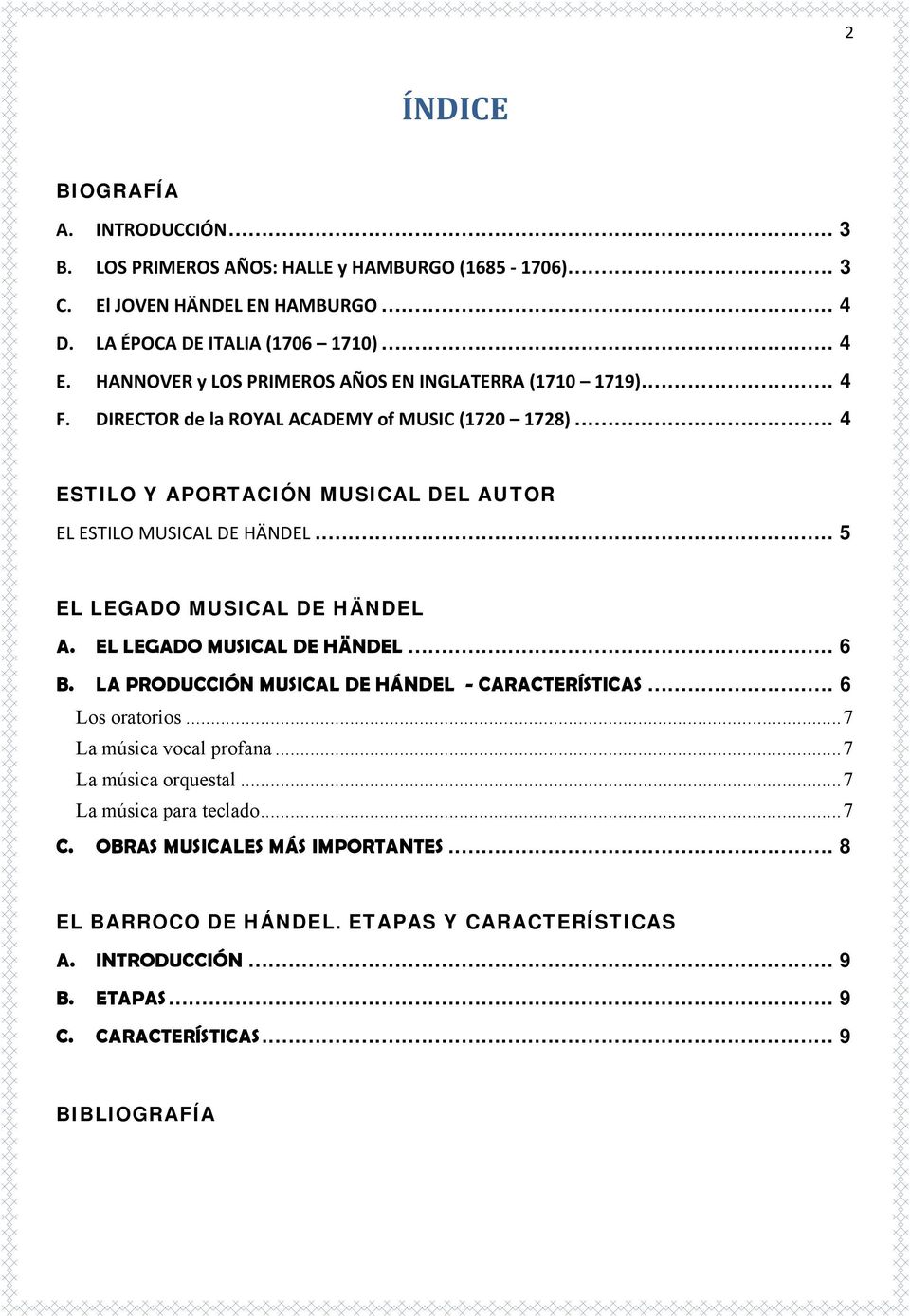 .. 5 EL LEGADO MUSICAL DE HÄNDEL A. EL LEGADO MUSICAL DE HÄNDEL... 6 B. LA PRODUCCIÓN MUSICAL DE HÁNDEL - CARACTERÍSTICAS... 6 Los oratorios... 7 La música vocal profana.