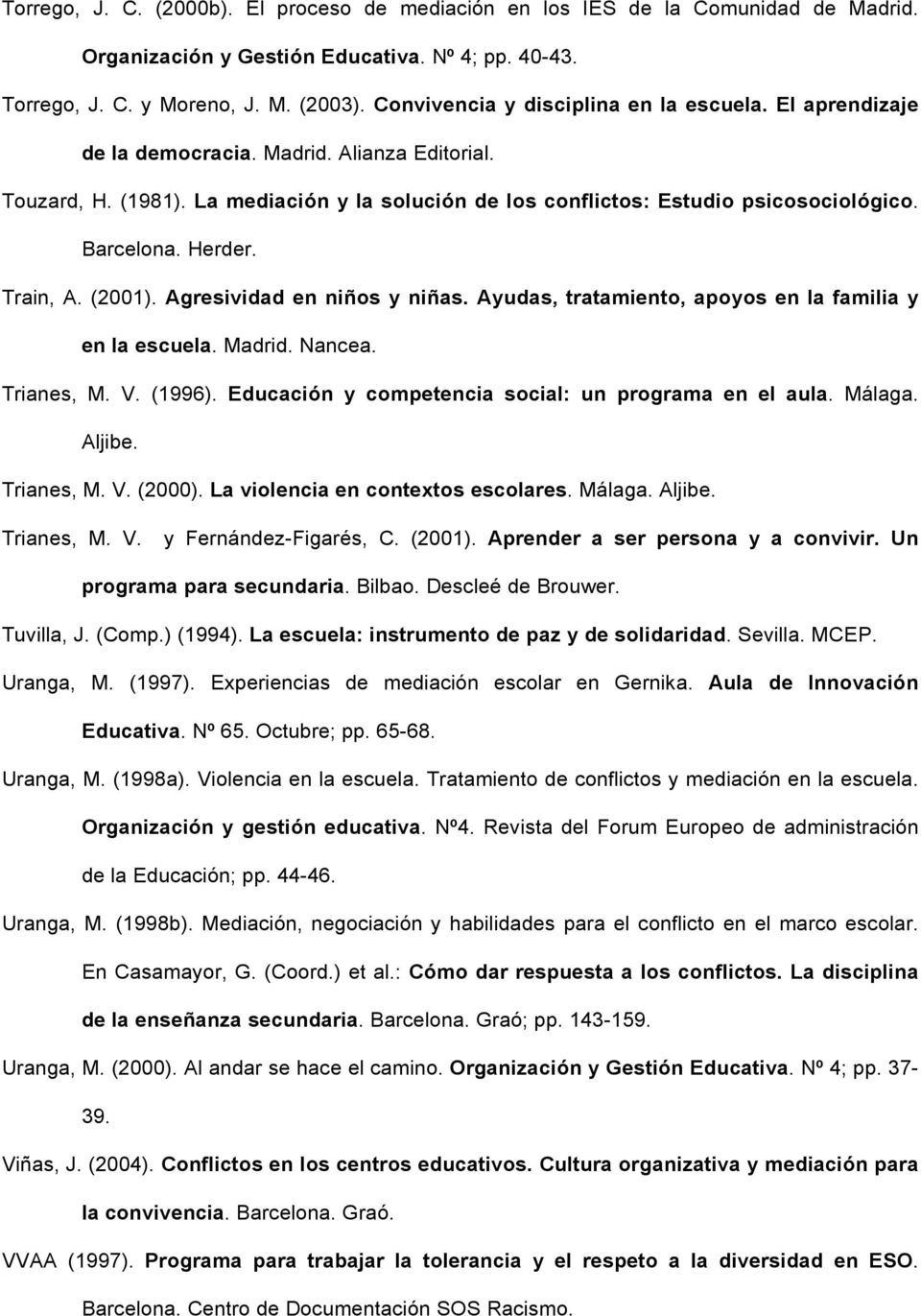 Barcelona. Herder. Train, A. (2001). Agresividad en niños y niñas. Ayudas, tratamiento, apoyos en la familia y en la escuela. Madrid. Nancea. Trianes, M. V. (1996).