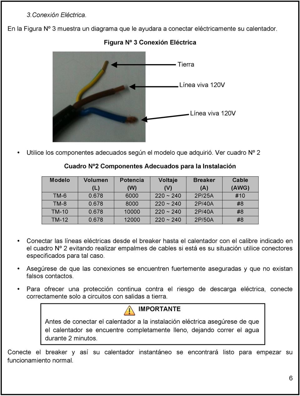 Ver cuadro Nº 2 Cuadro Nº2 Componentes Adecuados para la Instalación Modelo Volumen (L) Potencia (W) Voltaje (V) Breaker (A) Cable (AWG) TM-6 0.678 6000 220 ~ 240 2P/25A #10 TM-8 0.