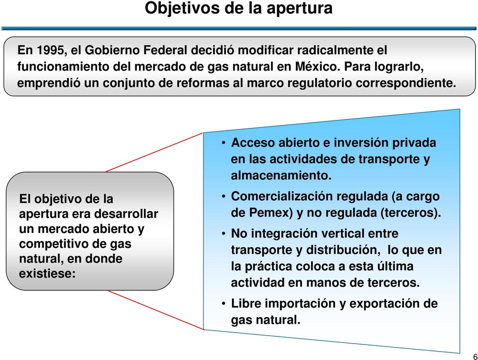 El objetivo de la apertura era desarrollar un mercado abierto y competitivo de gas natural, en donde existiese: Acceso abierto e inversión privada en las actividades de