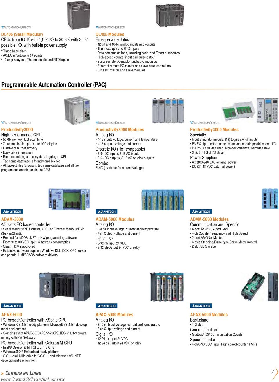 analog inputs and outputs Thermocouple and RTD inputs Data communications, including serial and Ethernet modules High-speed counter input and pulse output Serial remote I/O master and slave modules