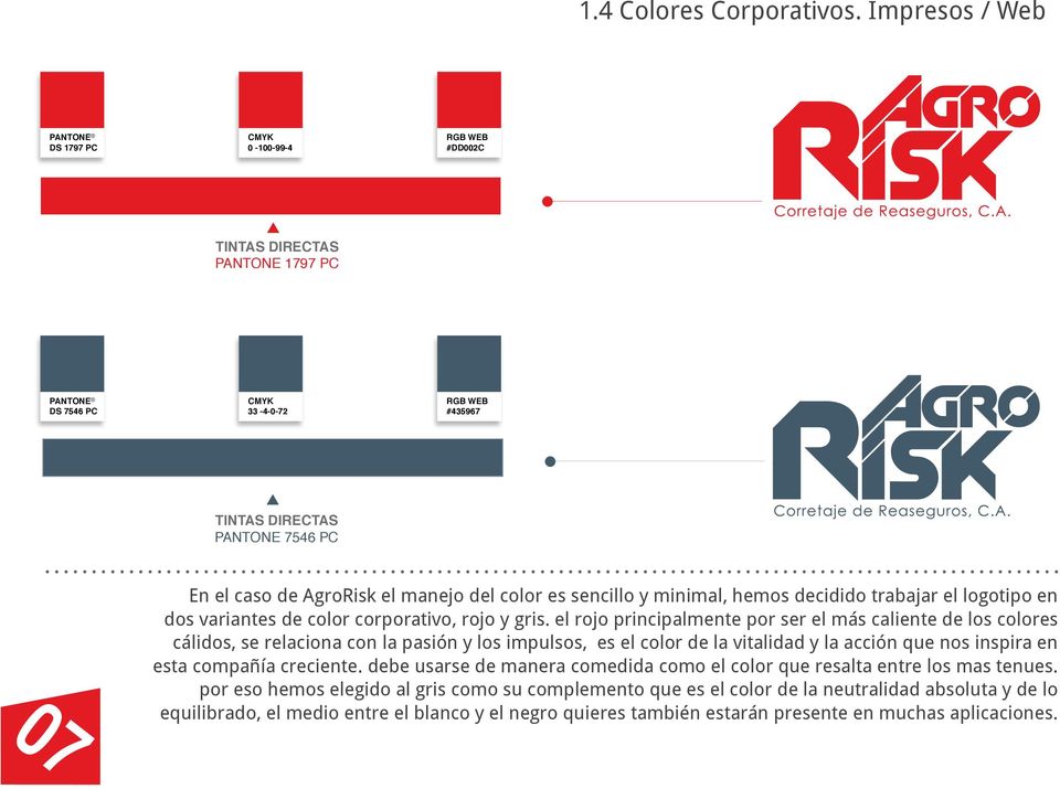 AgroRisk el manejo del color es sencillo y minimal, hemos decidido trabajar el logotipo en dos variantes de color corporativo, rojo y gris.