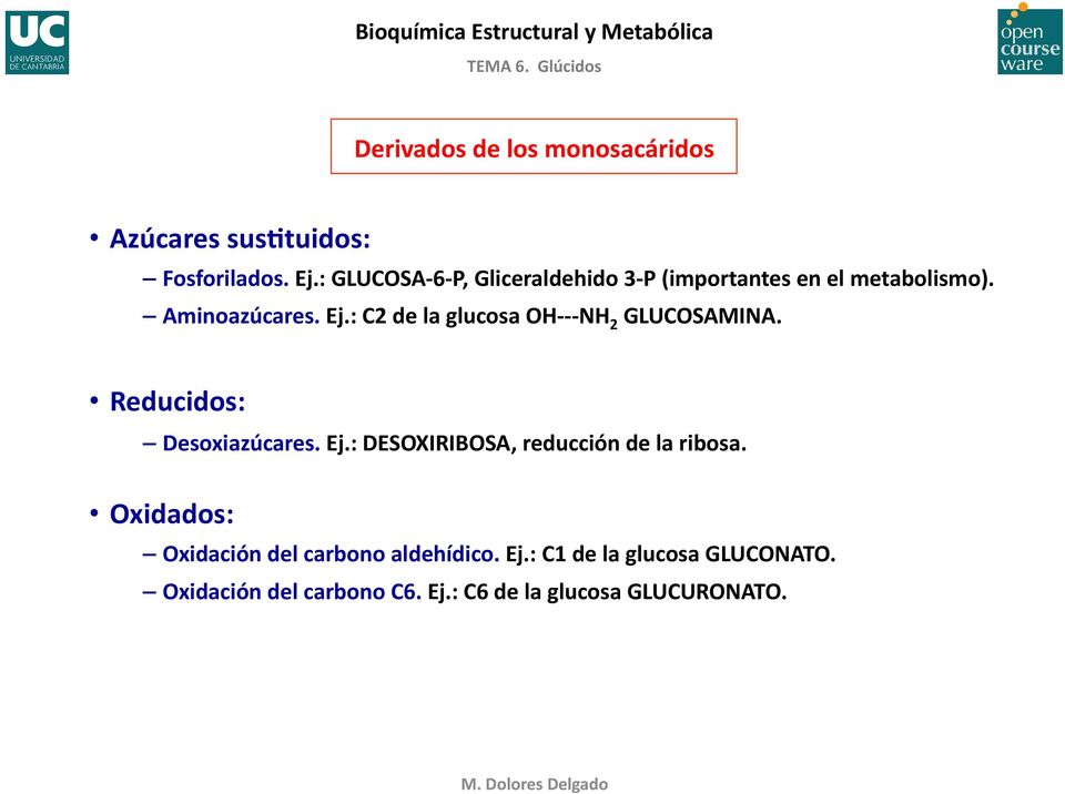 : C2 de la glucosa OH- - - NH 2 GLUCOSAMINA. Reducidos: Desoxiazúcares. Ej.